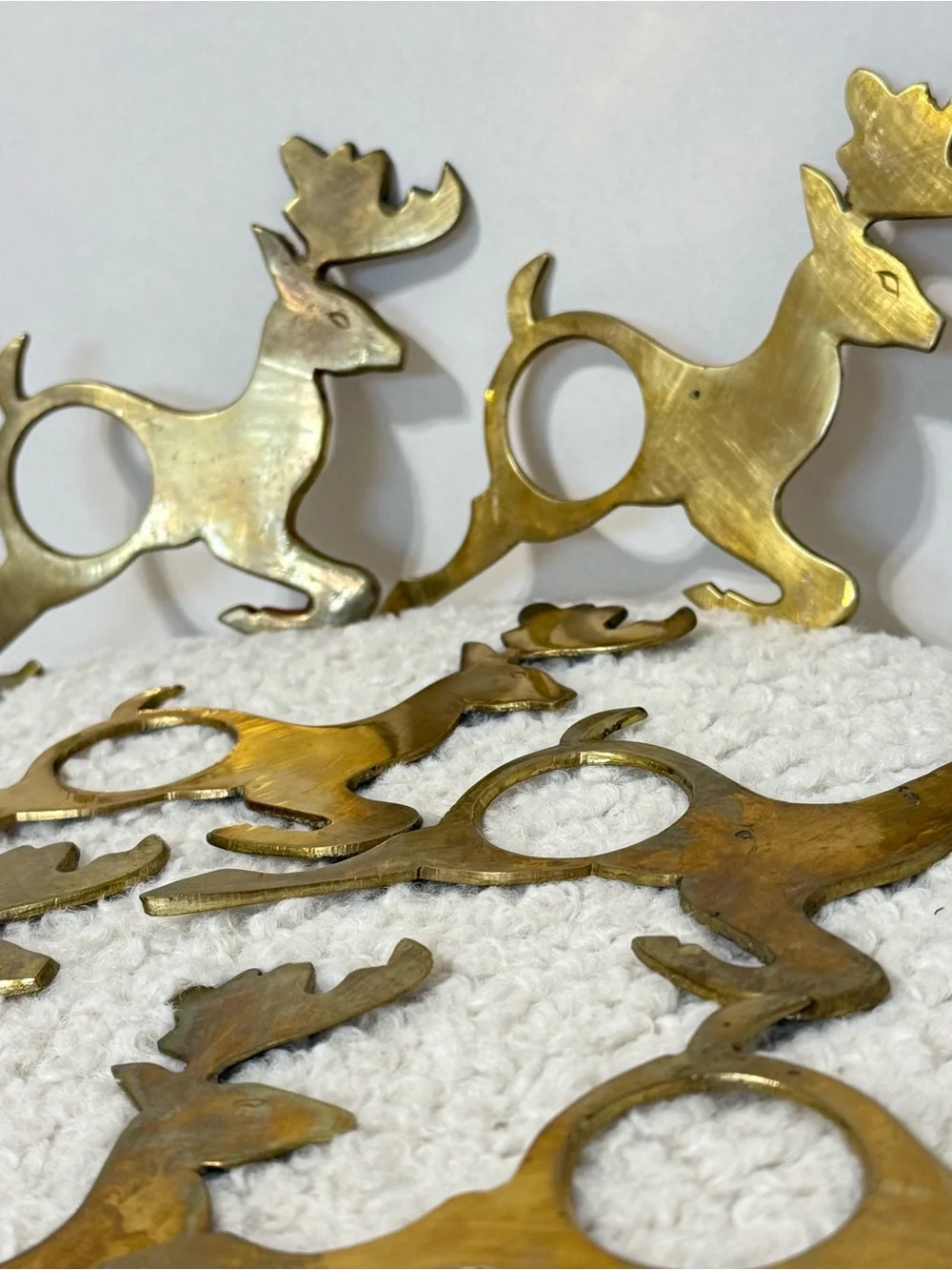 Set Of 10 Vintage India Brass Reindeer Napkin Rings Christmas Holiday Very Nice!